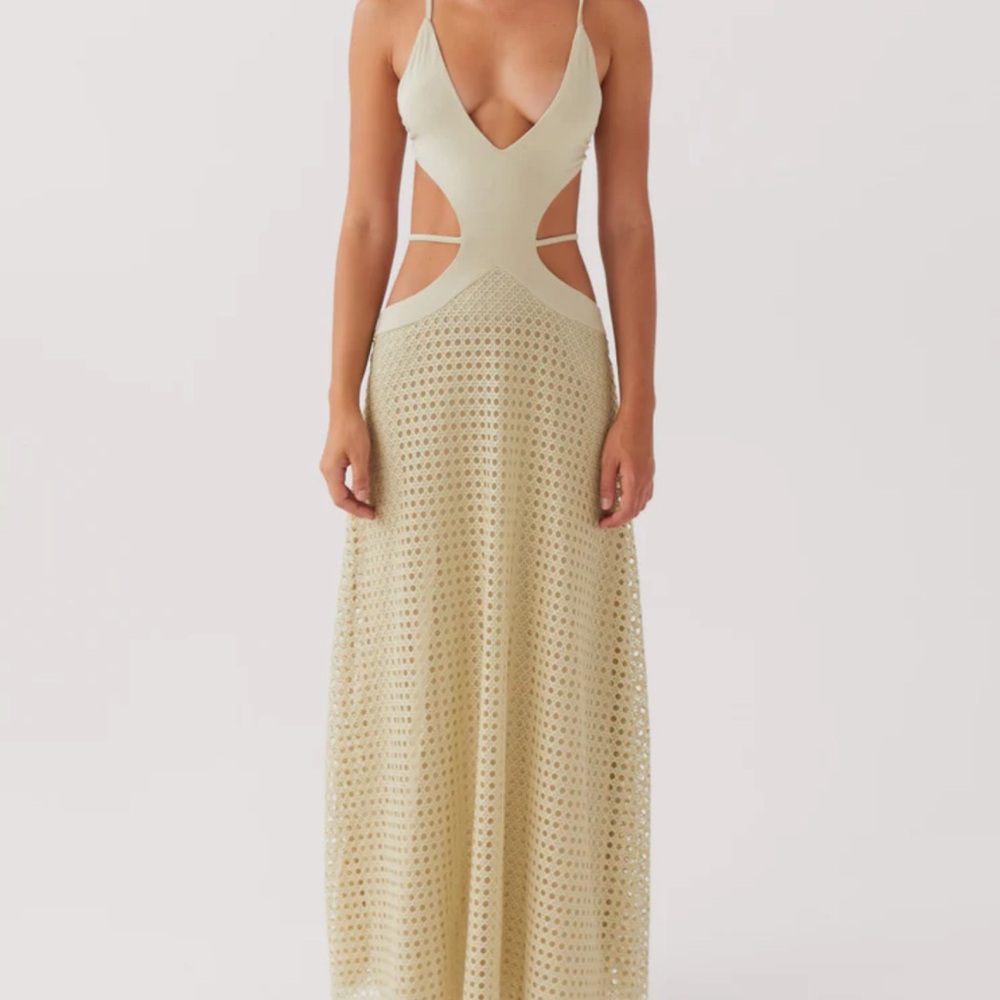 Peppermayo sage maxi Sundress Plunge Neckline, open/low back with side cut outs